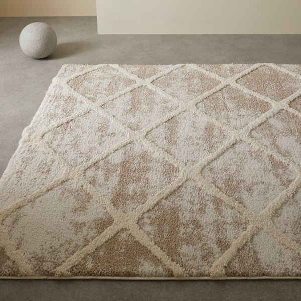 Tribal 3071J Geometric Diamond Shaggy Rug in Beige Ivory - Beige